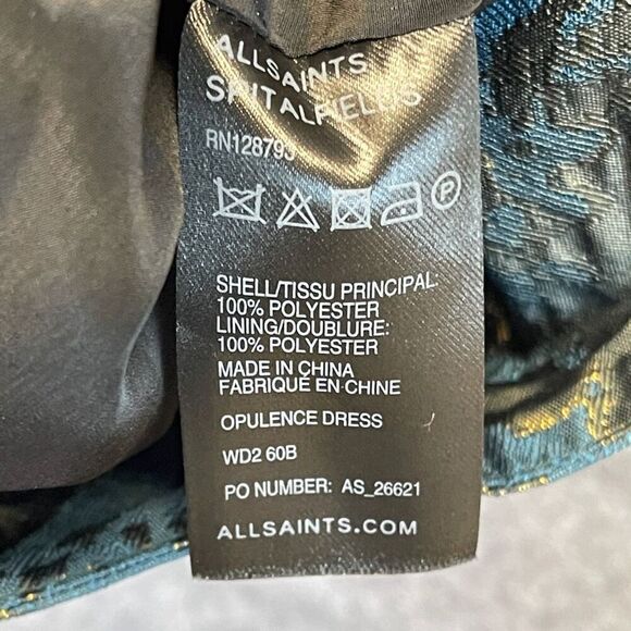 ALL SAINTS Dress Size 4 Opulence Teal Bronze Jacquard Cap Sleeve Cocktail Mini - Picture 11 of 16